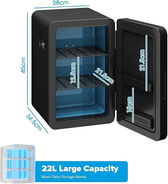 Mini Fridge 22L/30 Cans Portable Cooler & Warmer Mini Fridge for Bedrooms with Adjustable Shelves, AC+12V DC Small Fridges for Office, Car, Travel,Home, Skincare, Drinks & Cosmetics (Black) [Energy Class E]